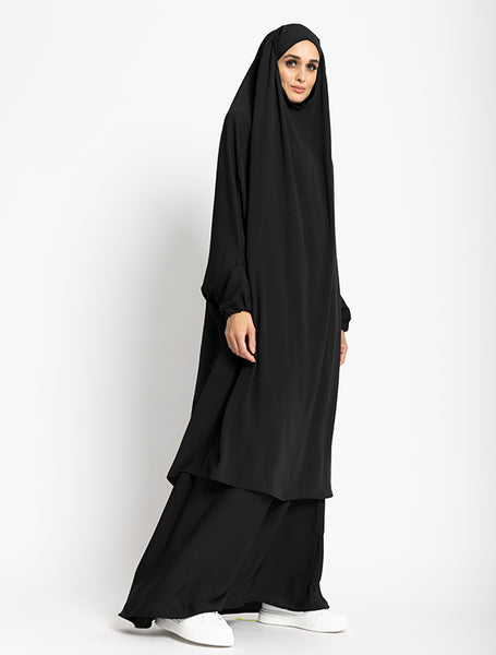 Black 2 Piece Jilbab by Uniquewallart Abaya for Women, Front Side Detailed View