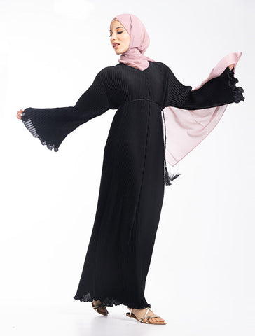Black Pleated Abaya Muslim Womens Clothing by Uniquewallart Abaya for Women, Front Side Detailed View