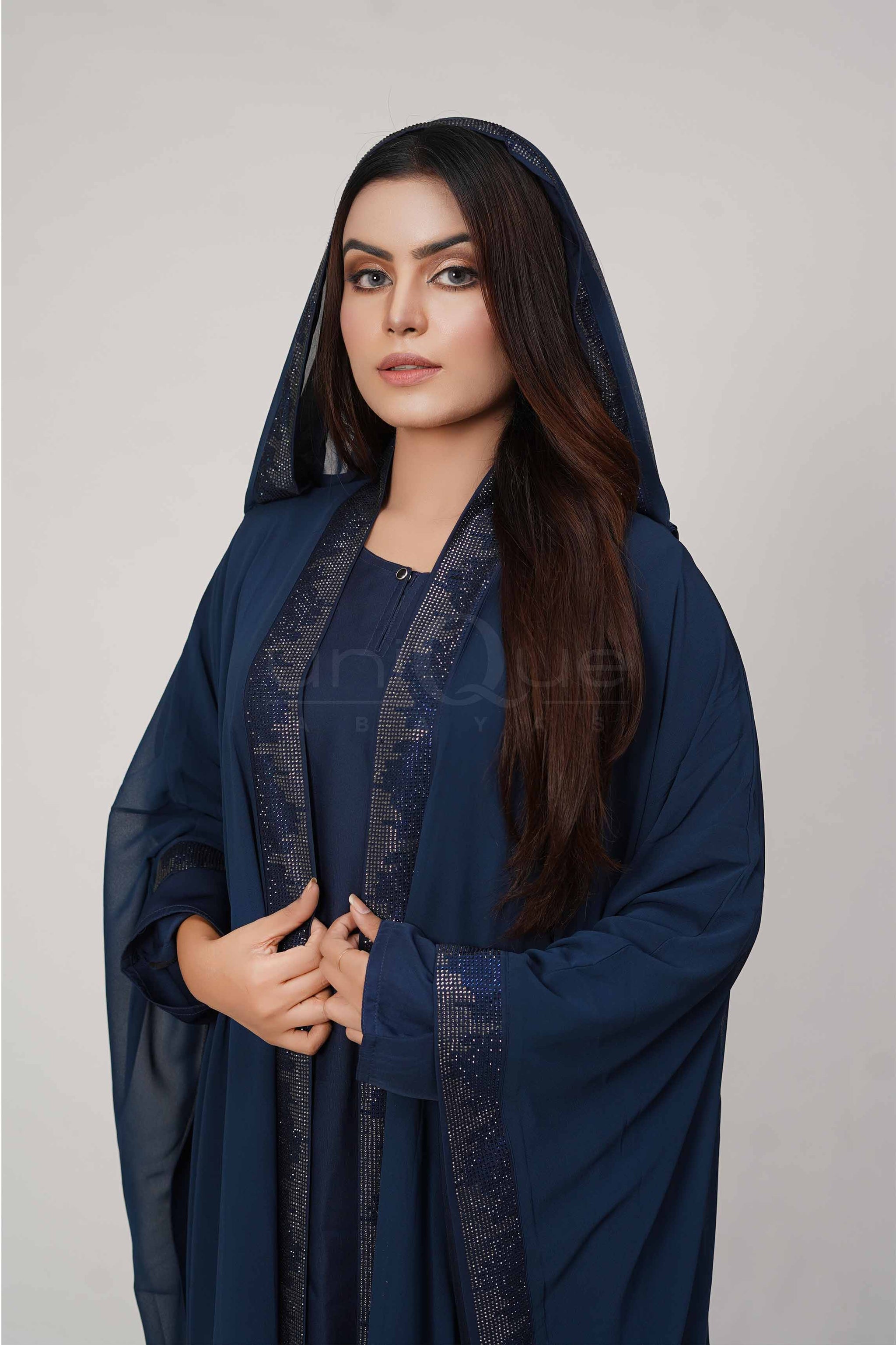 Blue Kaftan Abaya With Hoodie Uniquewallart Abaya For Women Front Side Close Up Detailed