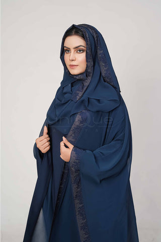 Blue Kaftan Abaya With Hoodie Uniquewallart Abaya For Women Front Side Close Up