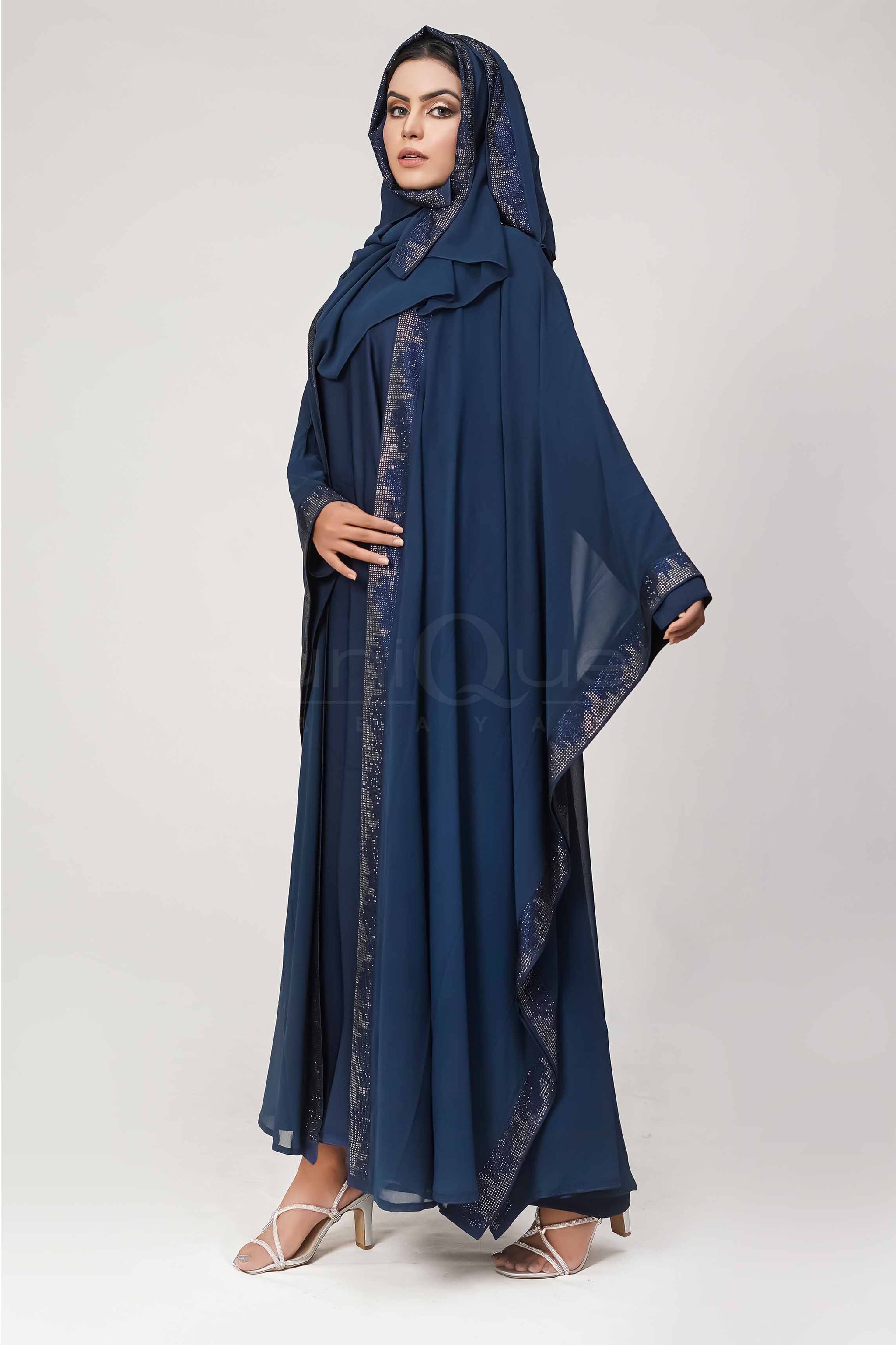 Blue Kaftan Abaya With Hoodie Uniquewallart Abaya For Women Front Side Detailed