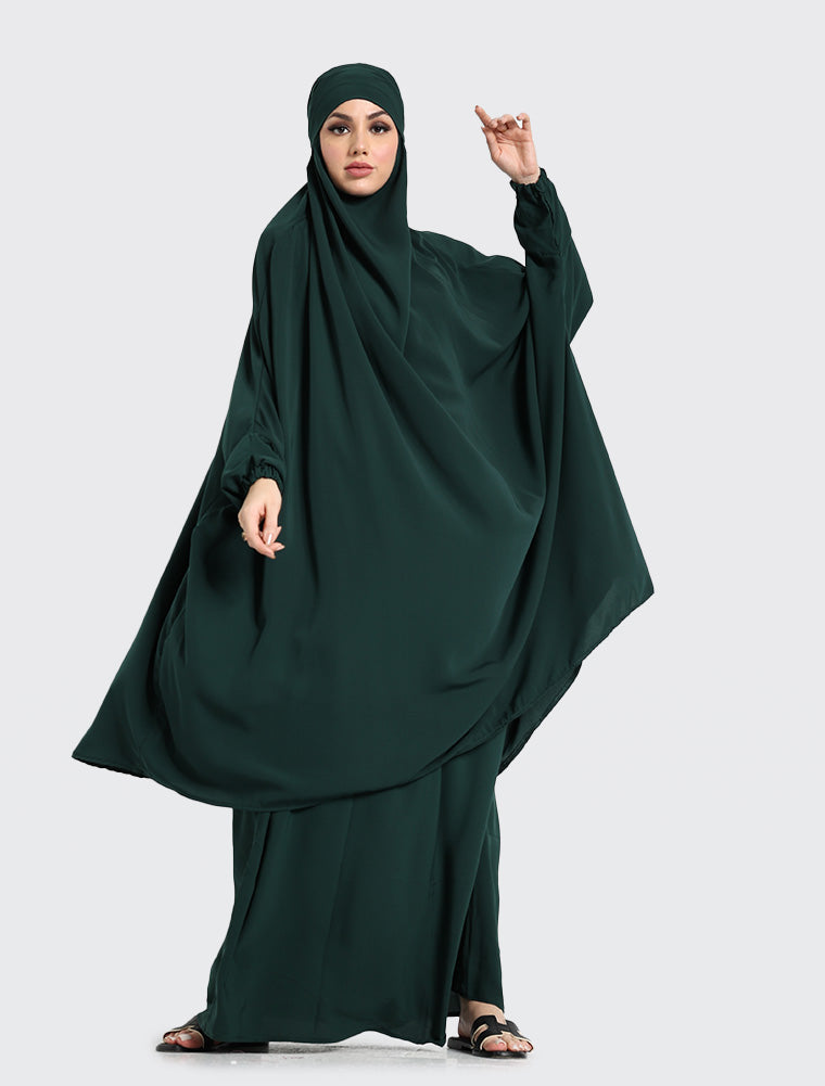 Bottle Green 2 Piece Jilbab Uniquewallart Affordable abayas Front Side Detailed