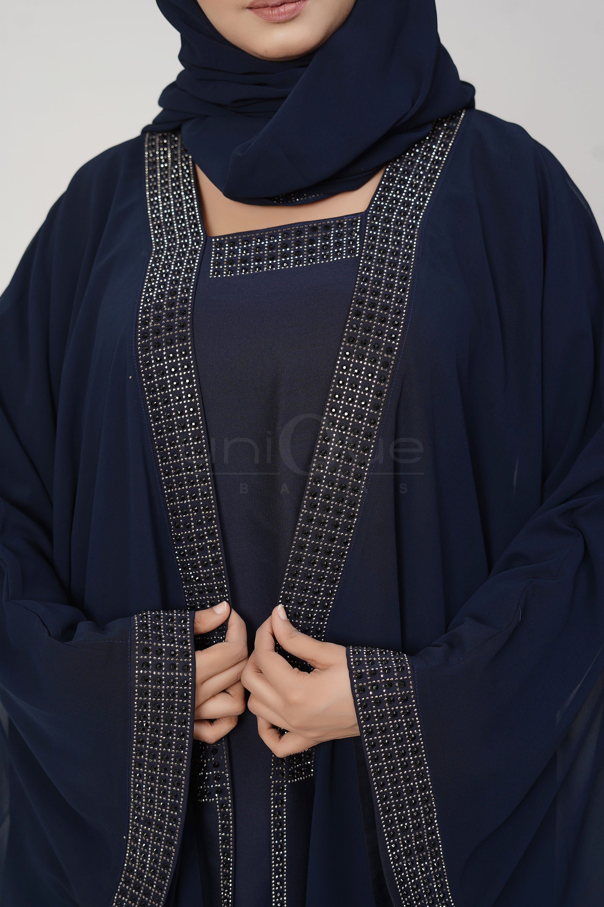 Chiffon Batwing Blue Abaya by Uniquewallart Abaya for Women, Front Side Close-Up Detailed
