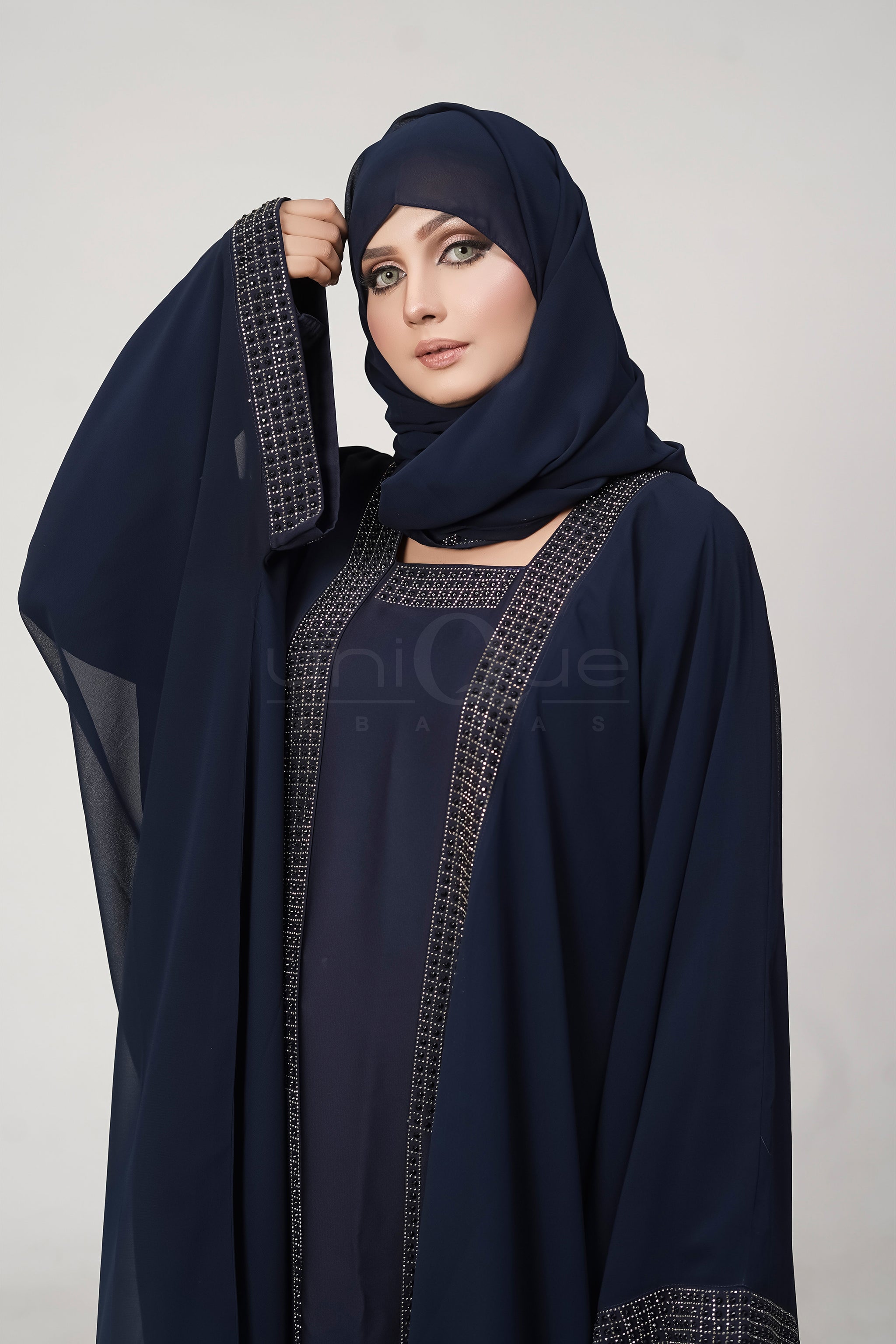 Chiffon Batwing Blue Abaya by Uniquewallart Abaya for Women, Front Side Close-Up
