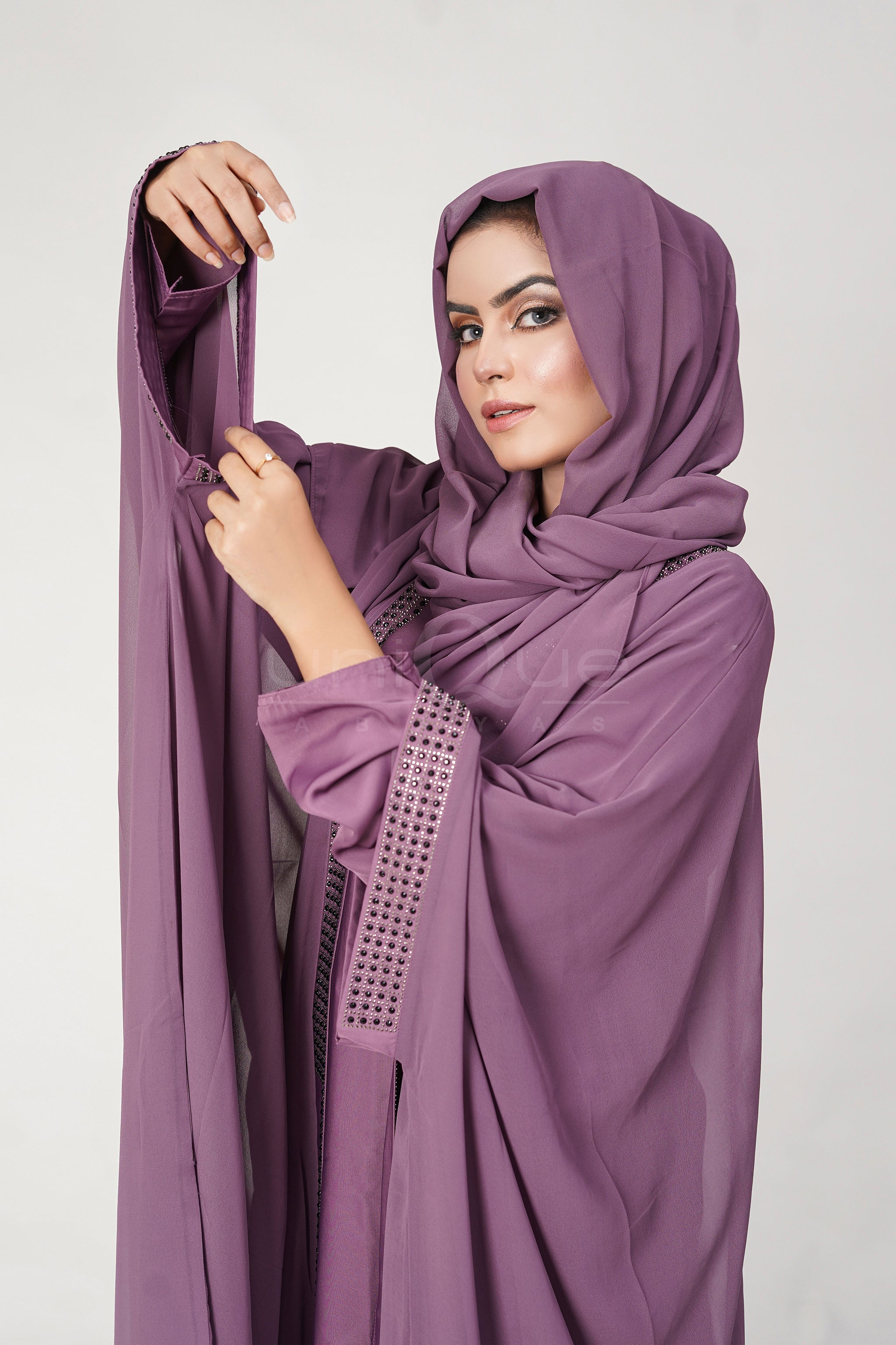 Chiffon Batwing Purple Abaya by Uniquewallart Abaya for Women, Front Side Close-Up