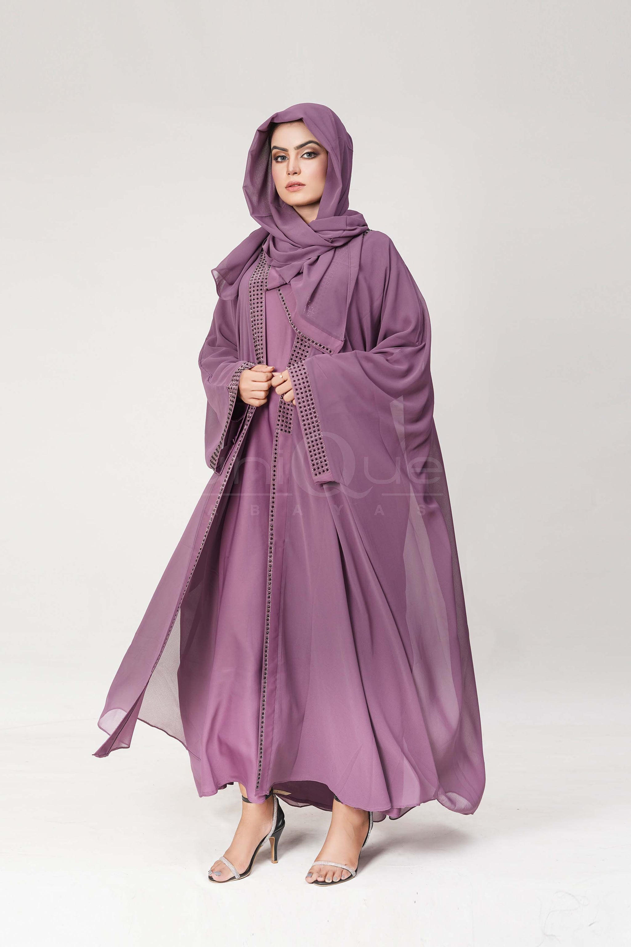 Chiffon Batwing Purple Abaya by Uniquewallart Abaya for Women, Front Side View
