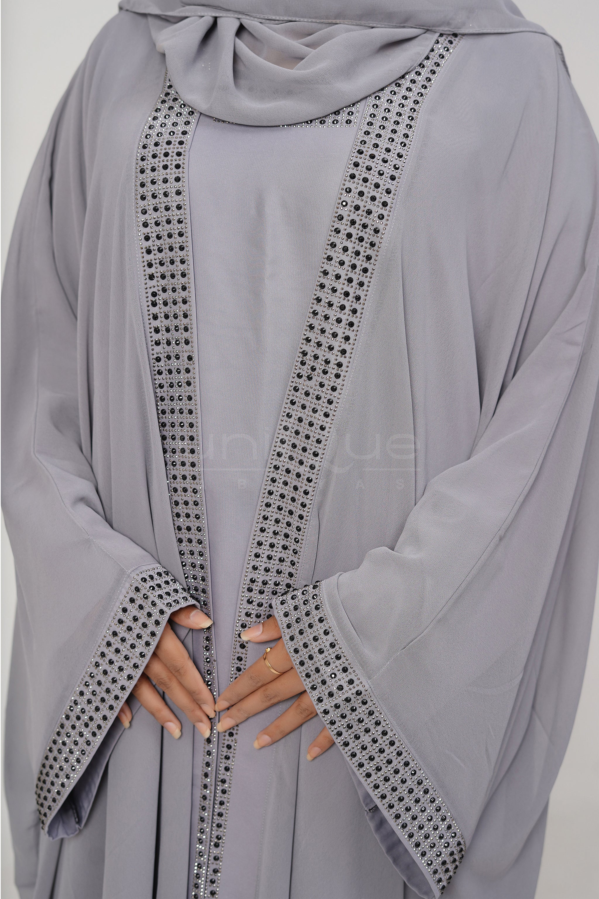 Chiffon Batwing Silver Abaya by Uniquewallart Abaya for Women, Fabric Detail