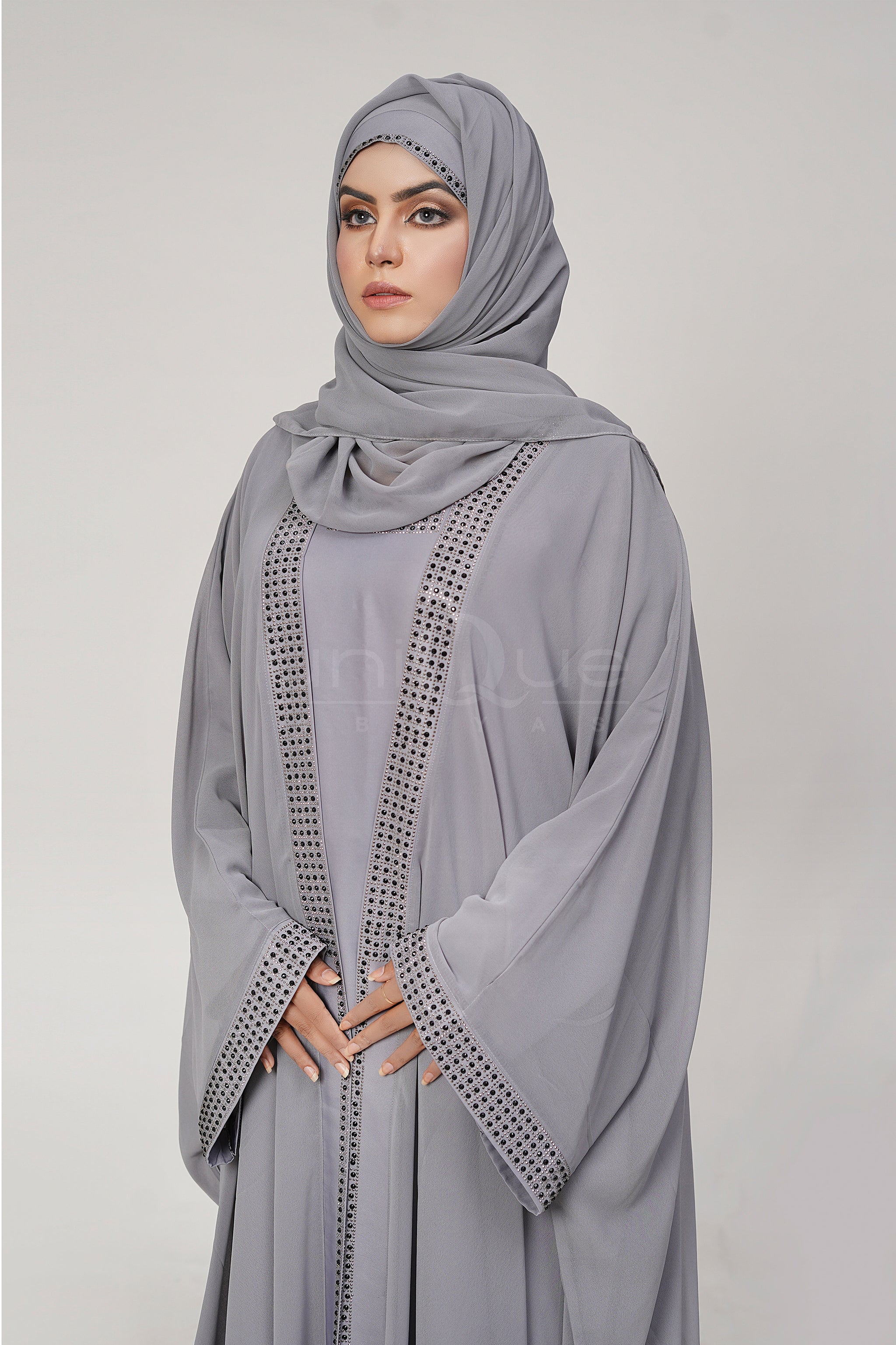 Chiffon Batwing Silver Abaya by Uniquewallart Abaya for Women, Front Side Close-Up