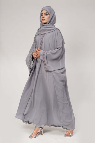 Chiffon Batwing Silver Abaya by Uniquewallart Abaya for Women, Front Side Detailed View
