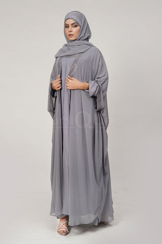 Chiffon Batwing Silver Abaya by Uniquewallart Abaya for Women, Front Side View