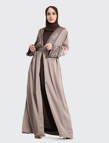 Chocolate Green Kimono Open Abaya for Women by Uniquewallart Abaya for Women, Front Side Detailed View