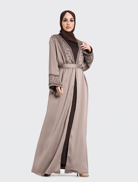 Chocolate Green Kimono Open Abaya for Women by Uniquewallart Abaya for Women, Front Side View