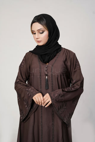 Embroidered Stone Chocolate Abaya by Uniquewallart Abaya for Women, Front Side Close-Up