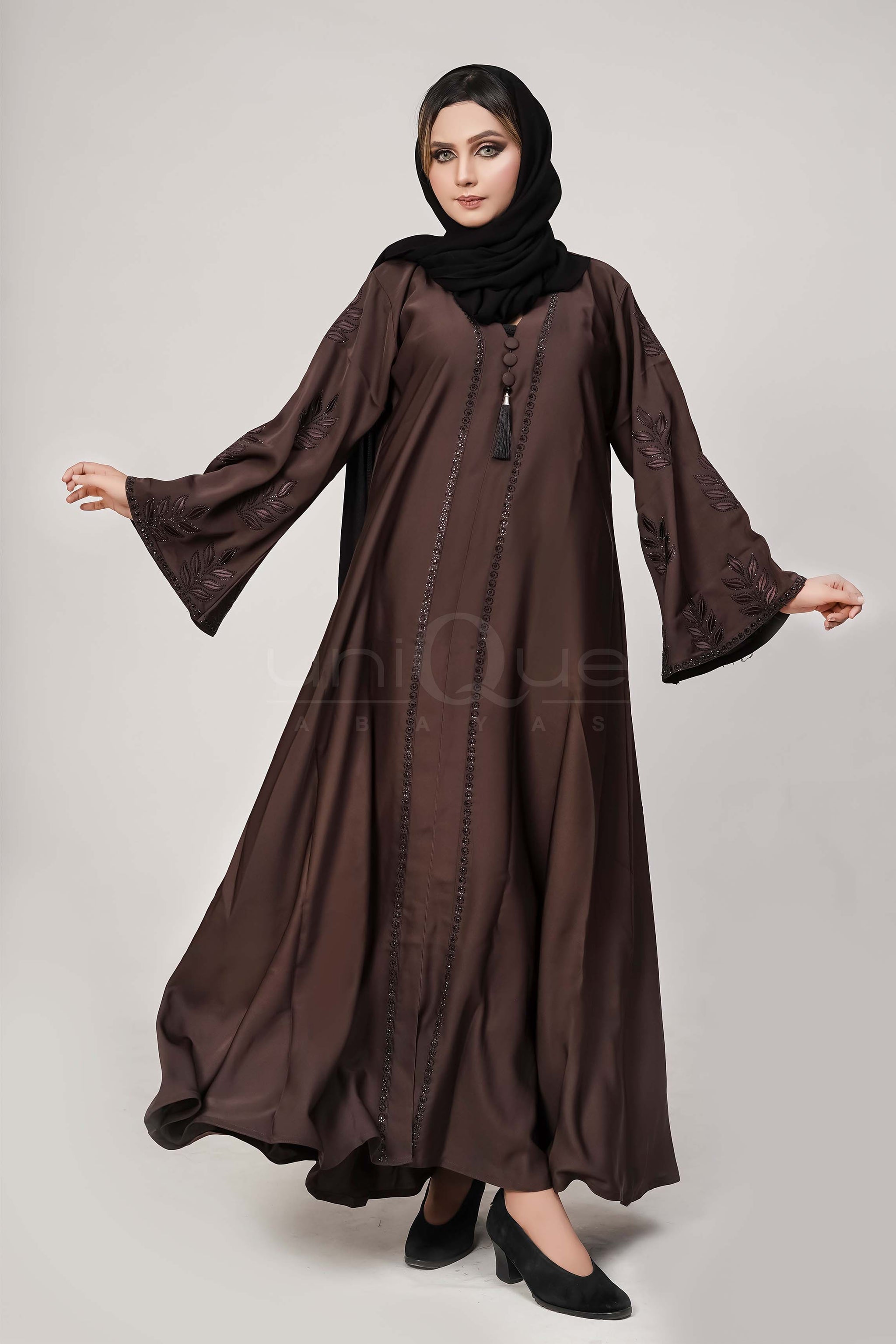 Embroidered Stone Chocolate Abaya by Uniquewallart Abaya for Women, Front Side Detailed View