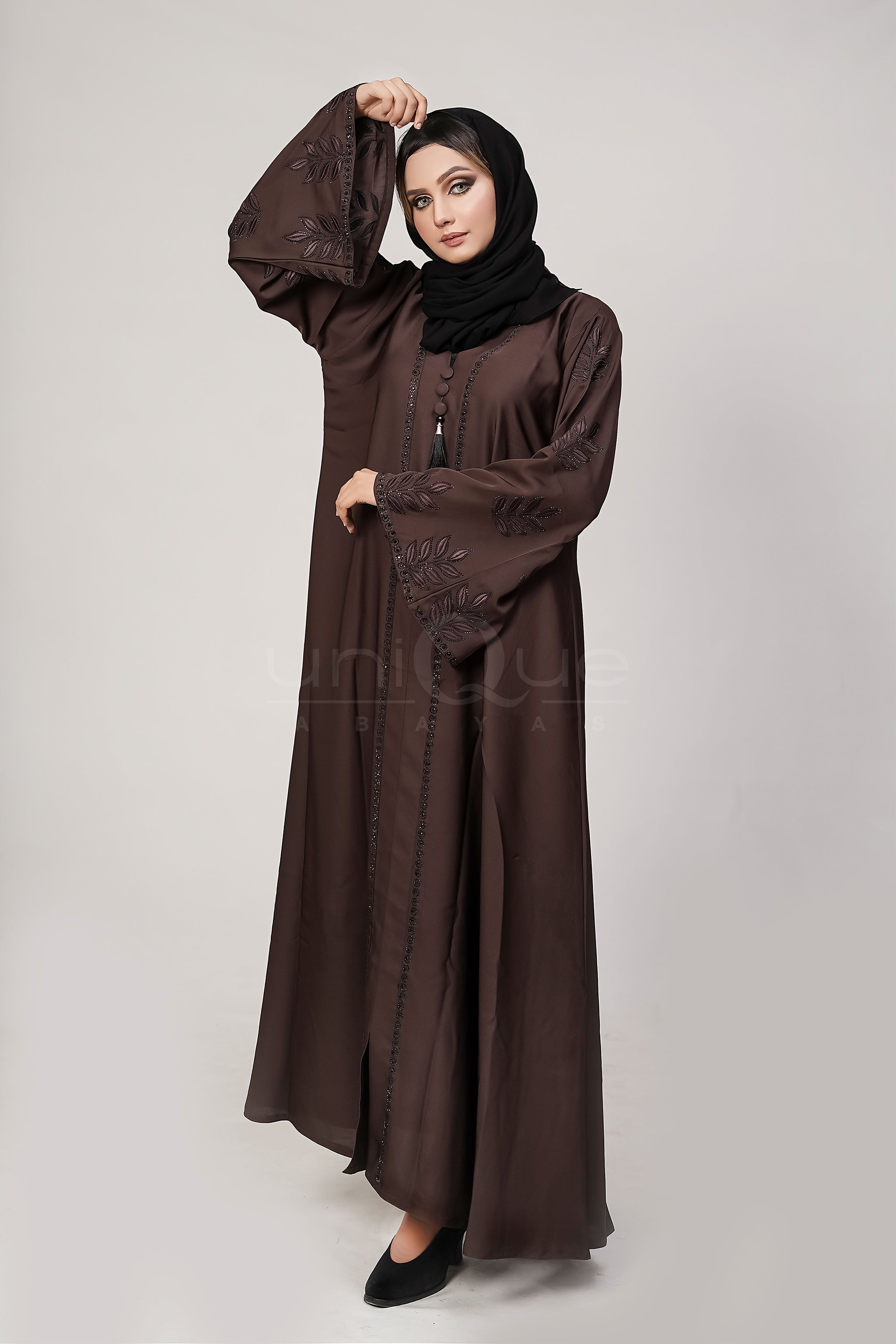Embroidered Stone Chocolate Abaya by Uniquewallart Abaya for Women, Front Side View