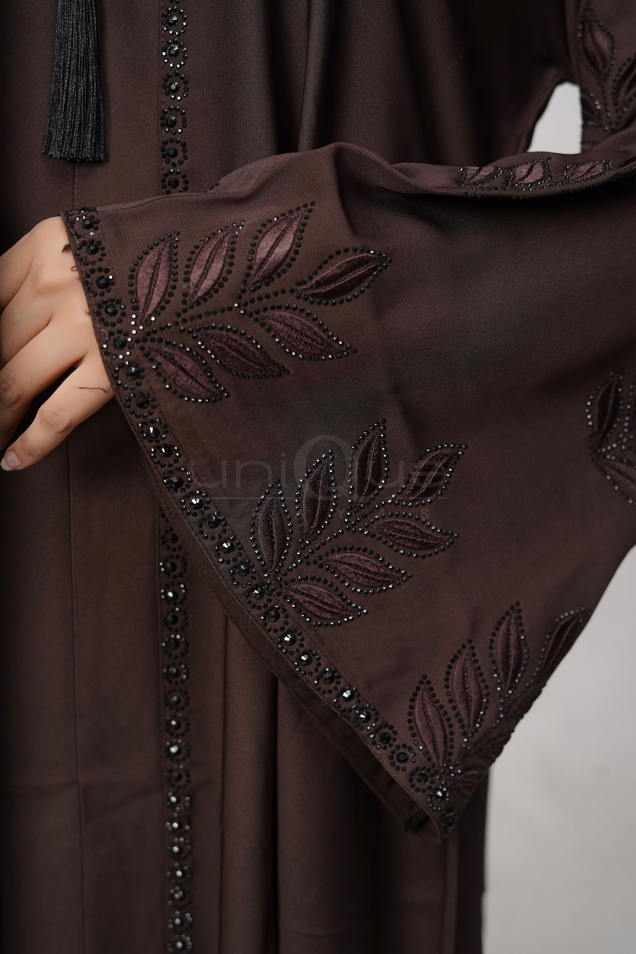 Embroidered Stone Chocolate Abaya by Uniquewallart Abaya for Women, Left Half  Detailed View