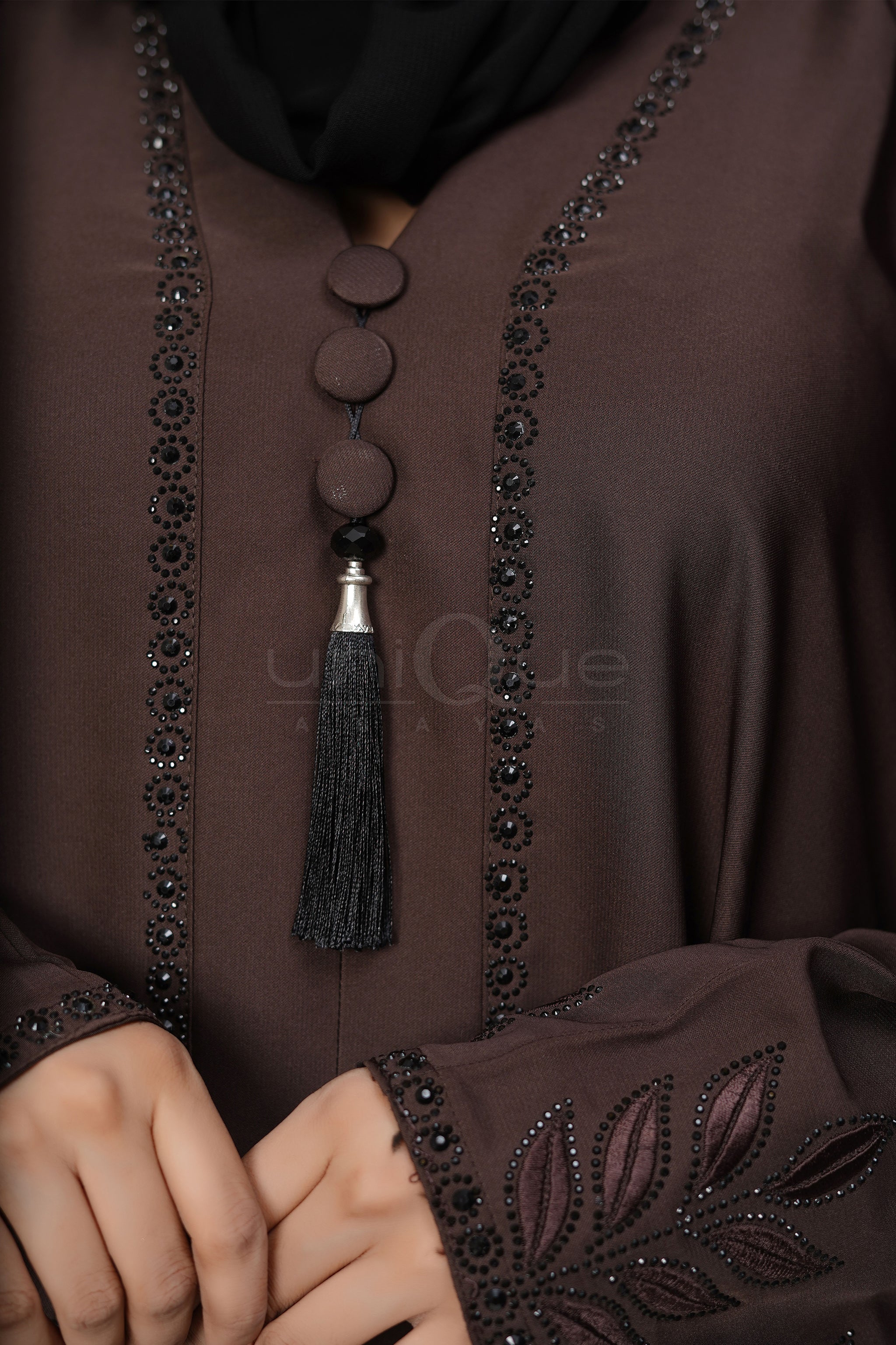 Embroidered Stone Chocolate Abaya by Uniquewallart Abaya for Women, Side View