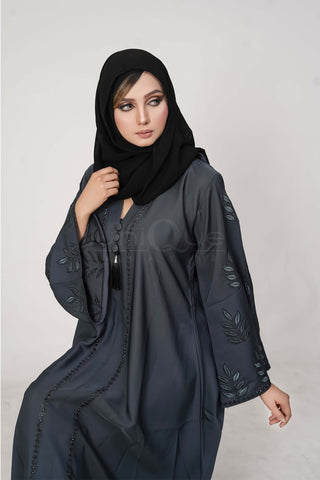 Embroidered Stone Grey Abaya Uniquewallart Abaya For Women Front Side Close Up