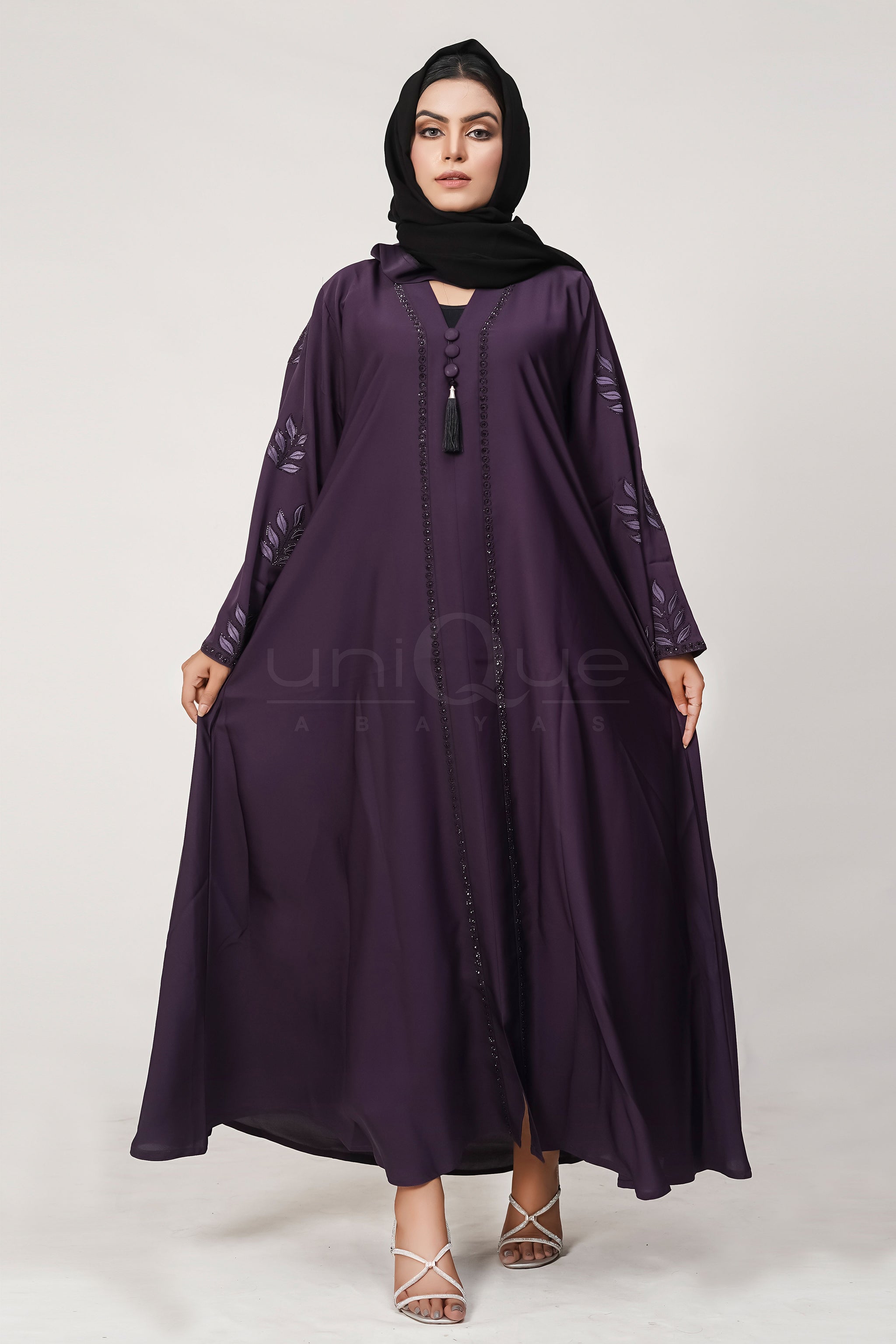 Embroidered Stone Purple Abaya by Uniquewallart Abaya for Women, Front Side View