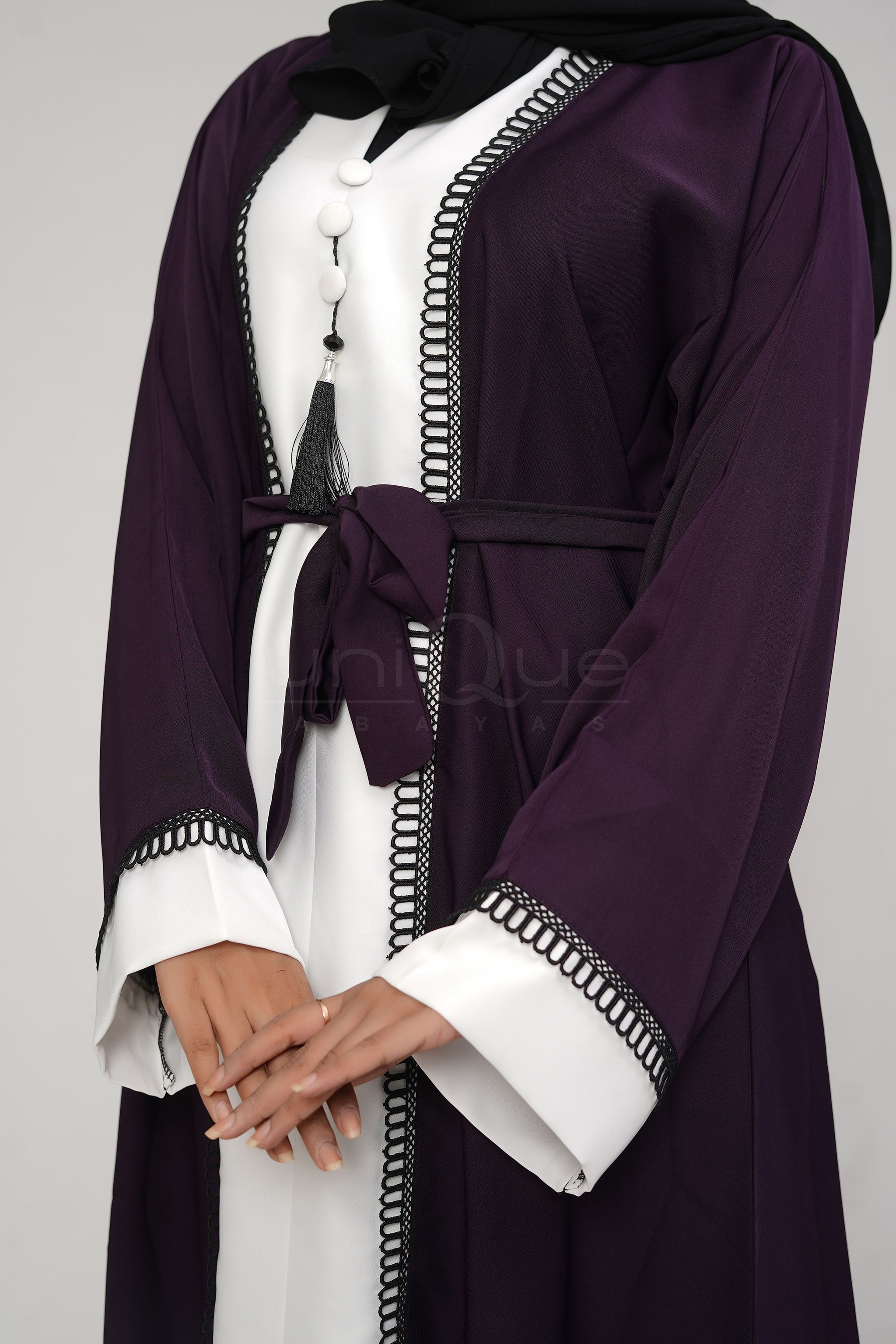 Essential Purple Abaya by Uniquewallart Abaya for Women, Front Side Close-Up Detailed