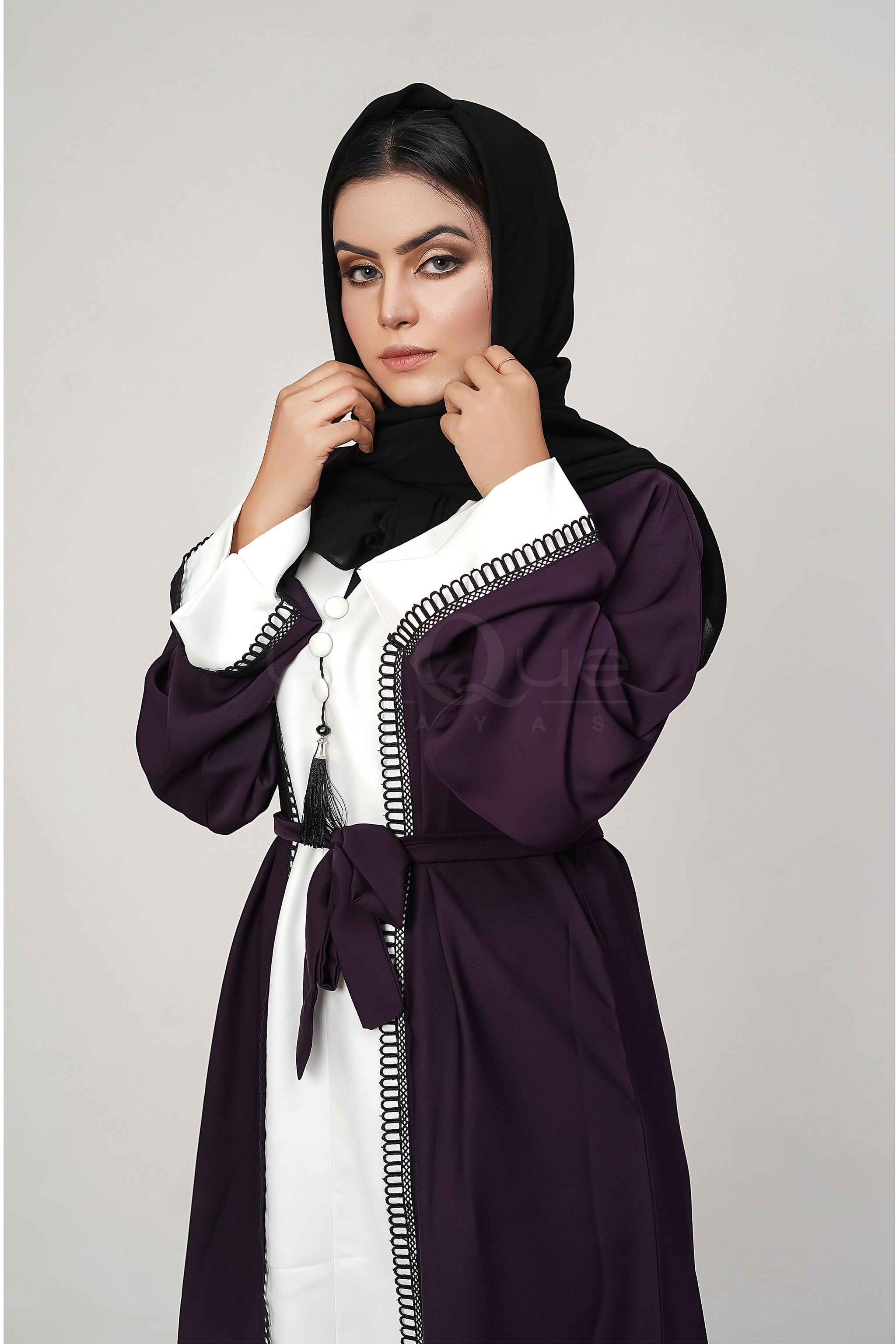 Essential Purple Abaya by Uniquewallart Abaya for Women, Front Side Close-Up