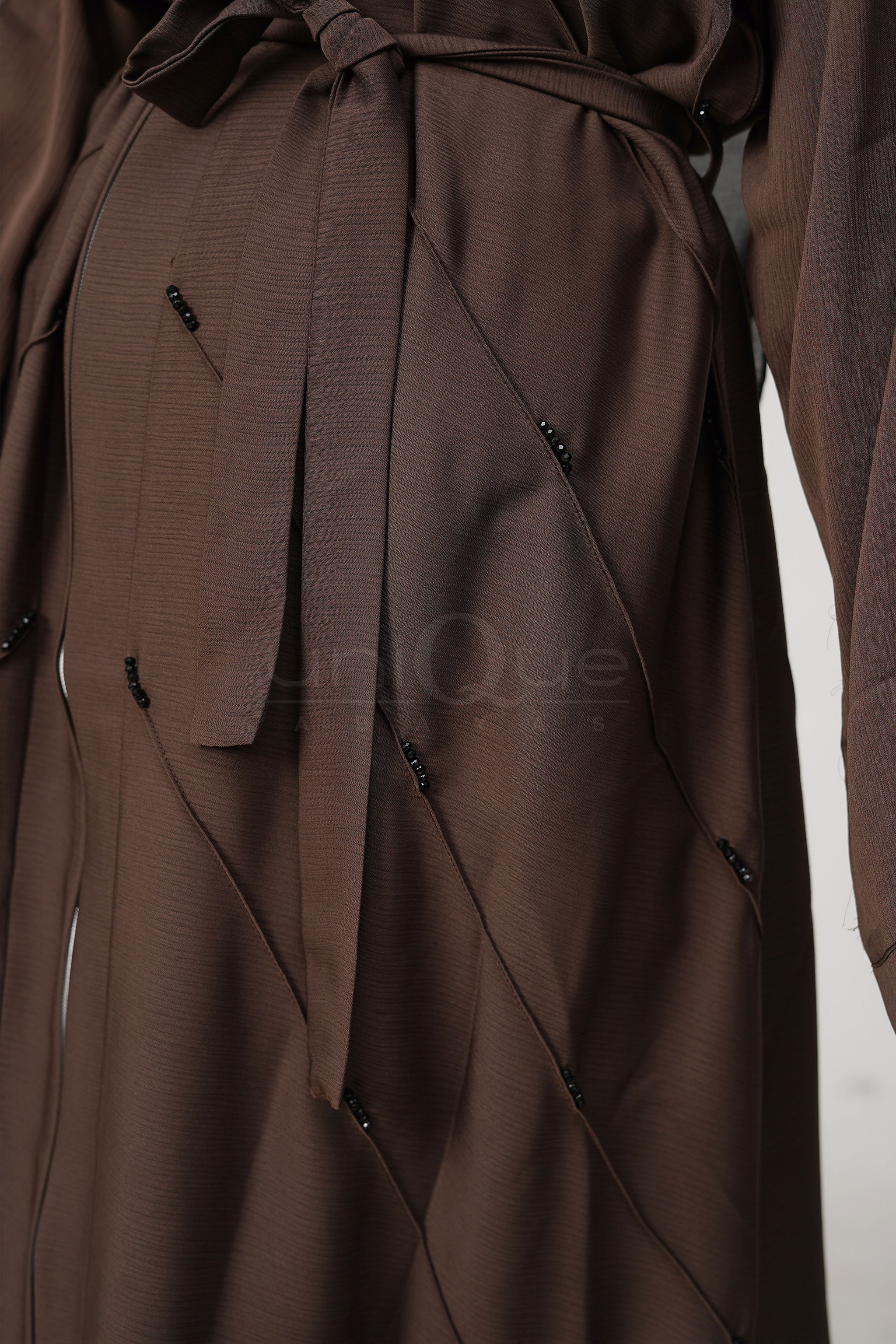 Full Zip Embellished Chocolate Abaya by Uniquewallart Abaya for Women, Fabric Detail