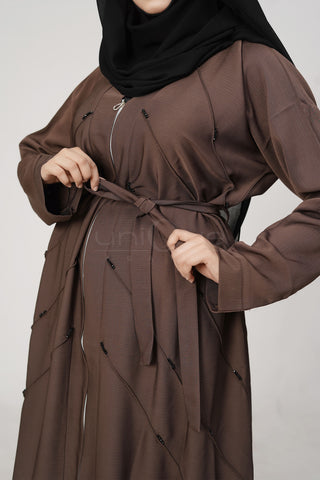 Full Zip Embellished Chocolate Abaya by Uniquewallart Abaya for Women, Front Side Close-Up