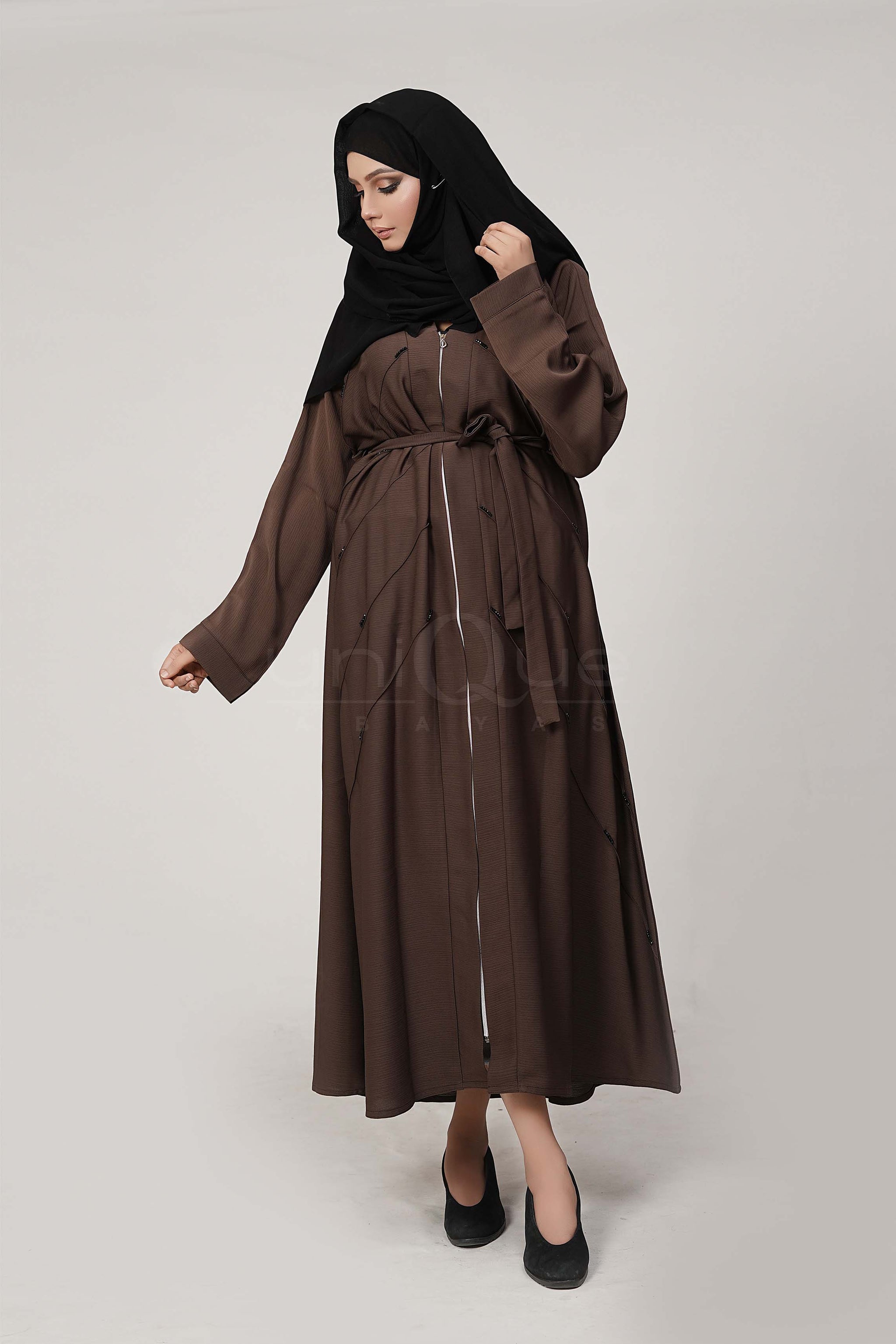 Full Zip Embellished Chocolate Abaya by Uniquewallart Abaya for Women, Front Side Detailed View