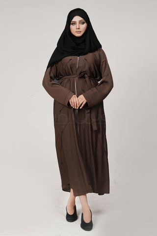 Full Zip Embellished Chocolate Abaya by Uniquewallart Abaya for Women, Front Side View