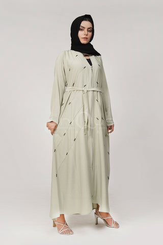 Full Zip Embellished Mint Abaya by Uniquewallart Abaya for Women, Front Side Detailed View