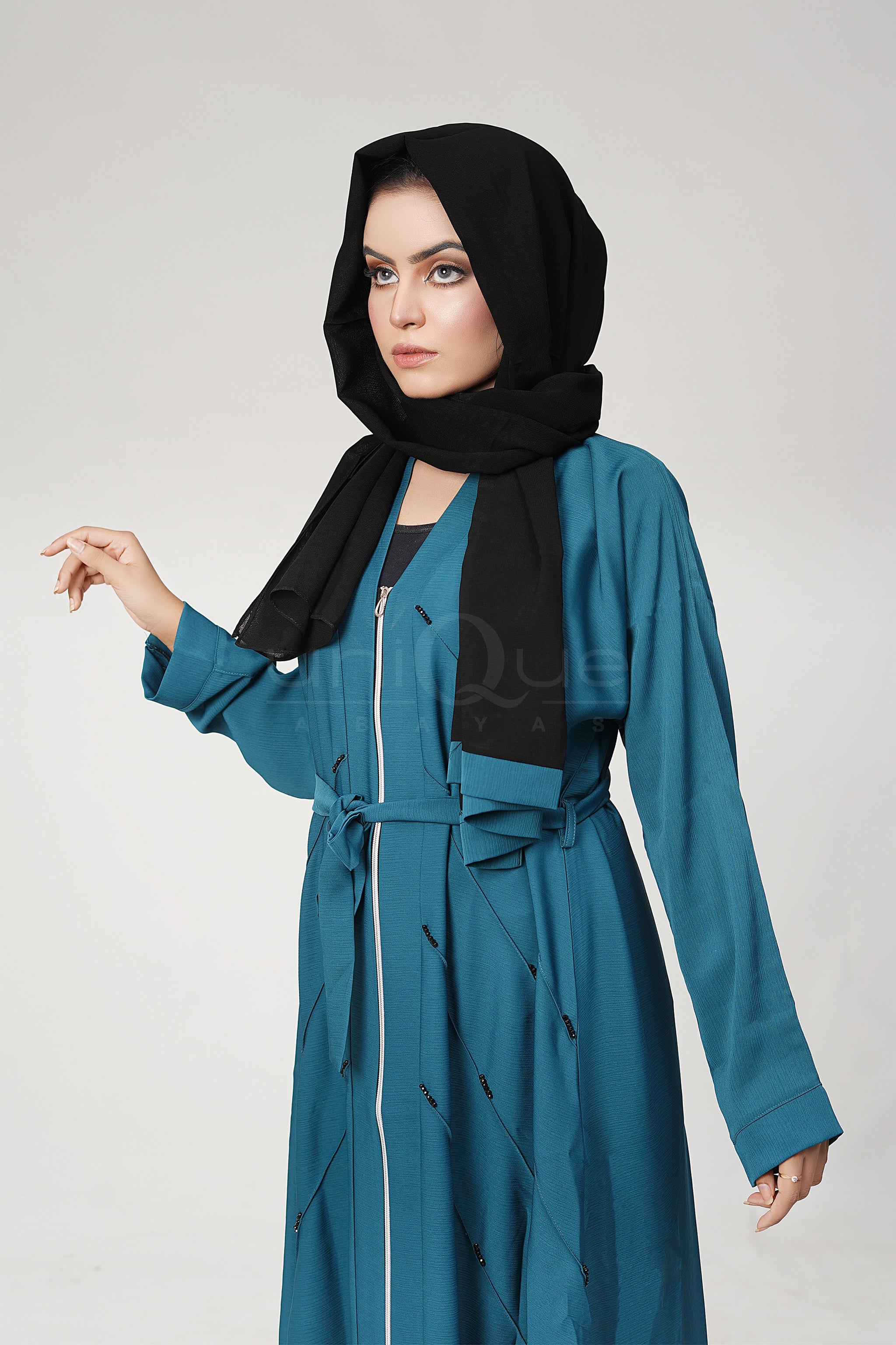Full Zip Embellished Turquoise Abaya by Uniquewallart Abaya for Women, Front Side Close-Up