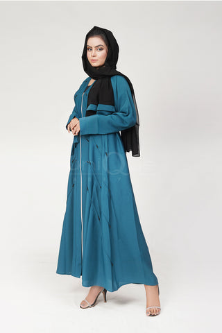 Full Zip Embellished Turquoise Abaya by Uniquewallart Abaya for Women, Front Side Detailed View