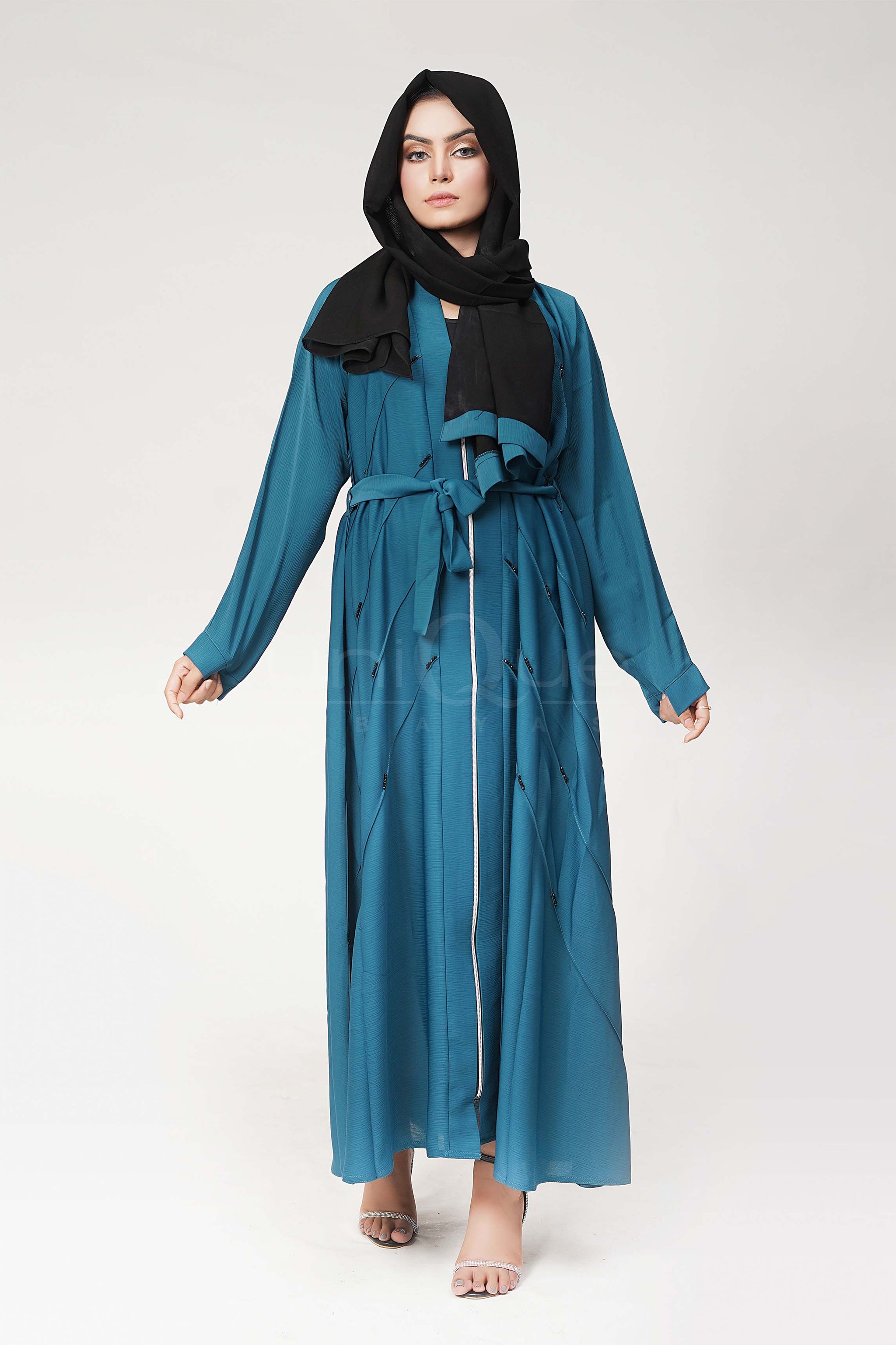 Full Zip Embellished Turquoise Abaya by Uniquewallart Abaya for Women, Front Side View