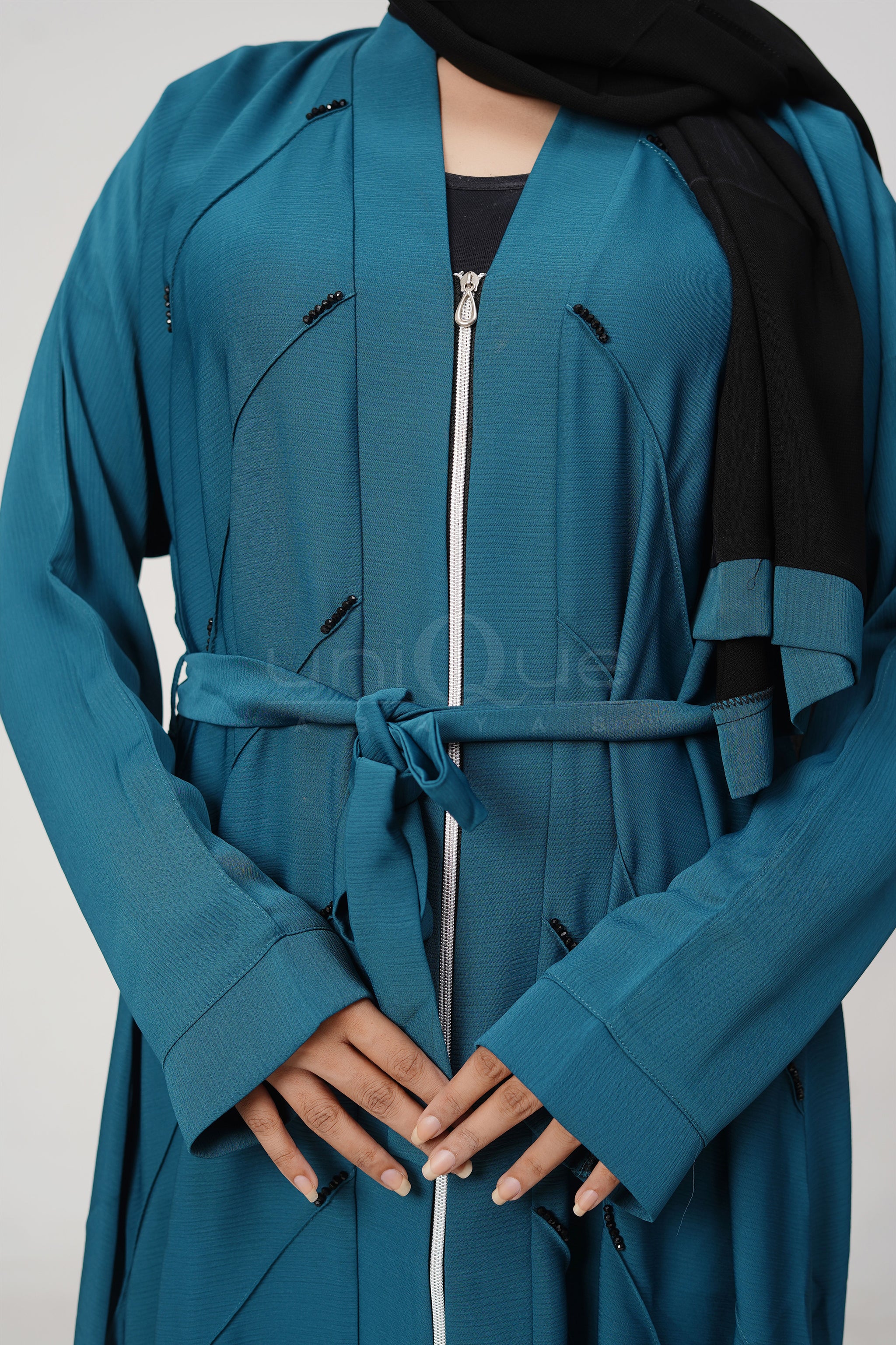 Full Zip Embellished Turquoise Abaya by Uniquewallart Abaya for Women, Full Length Detailed
