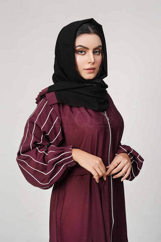 Full Zip Plum Abaya Uniquewallart Abaya For Women Front Side Close Up