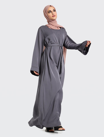 Grey Plain Abaya by Uniquewallart for Women, Front Side Close-Up