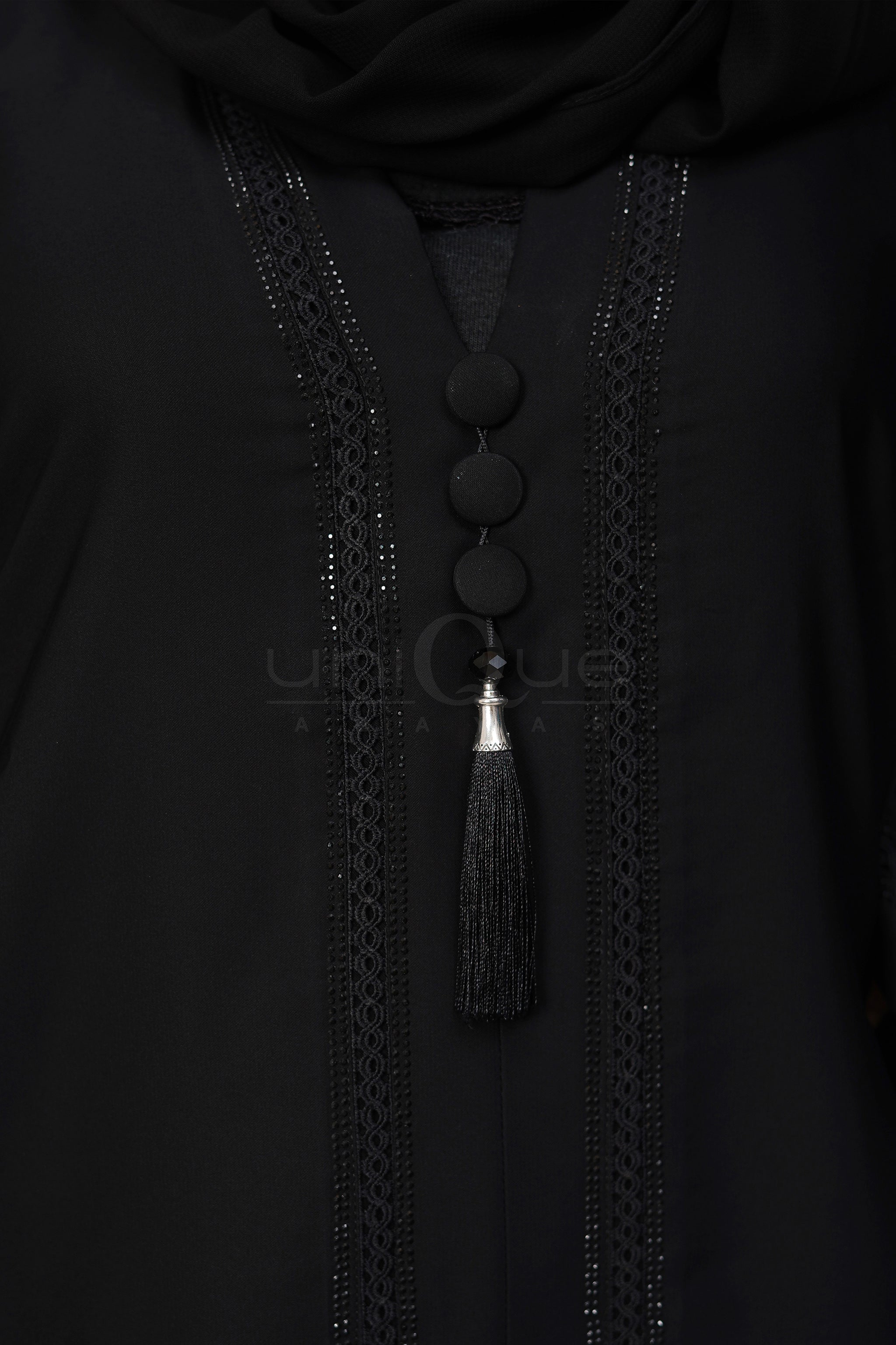 Lace Tassel Black Abaya by Uniquewallart Abaya for Women, Front Side Close-Up
