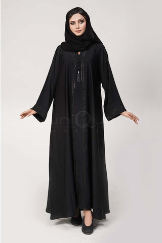 Lace Tassel Black Abaya by Uniquewallart Abaya for Women, Front Side View