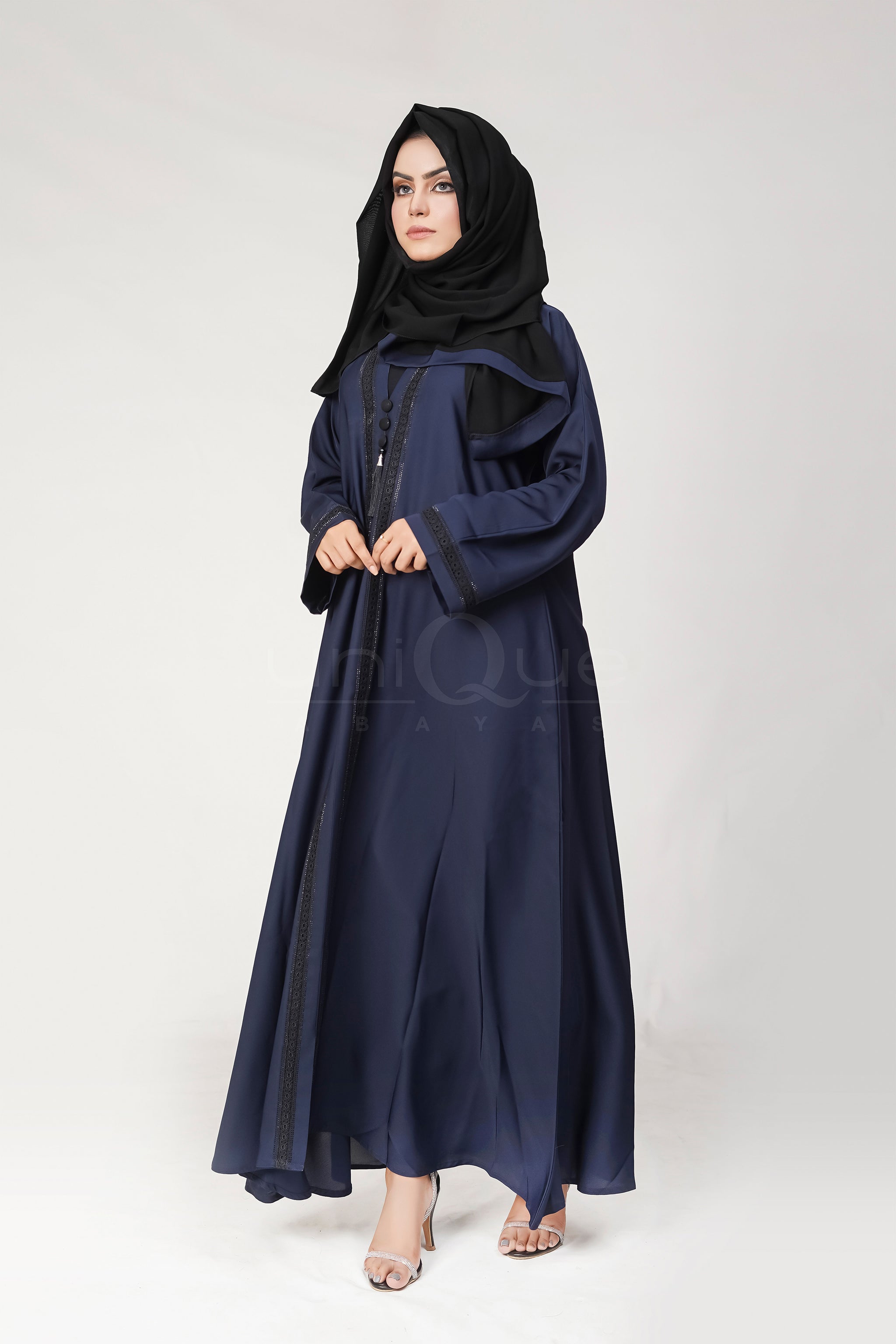 Lace Tassel Blue Abaya by Uniquewallart Abaya for Women, Front Side Detailed View