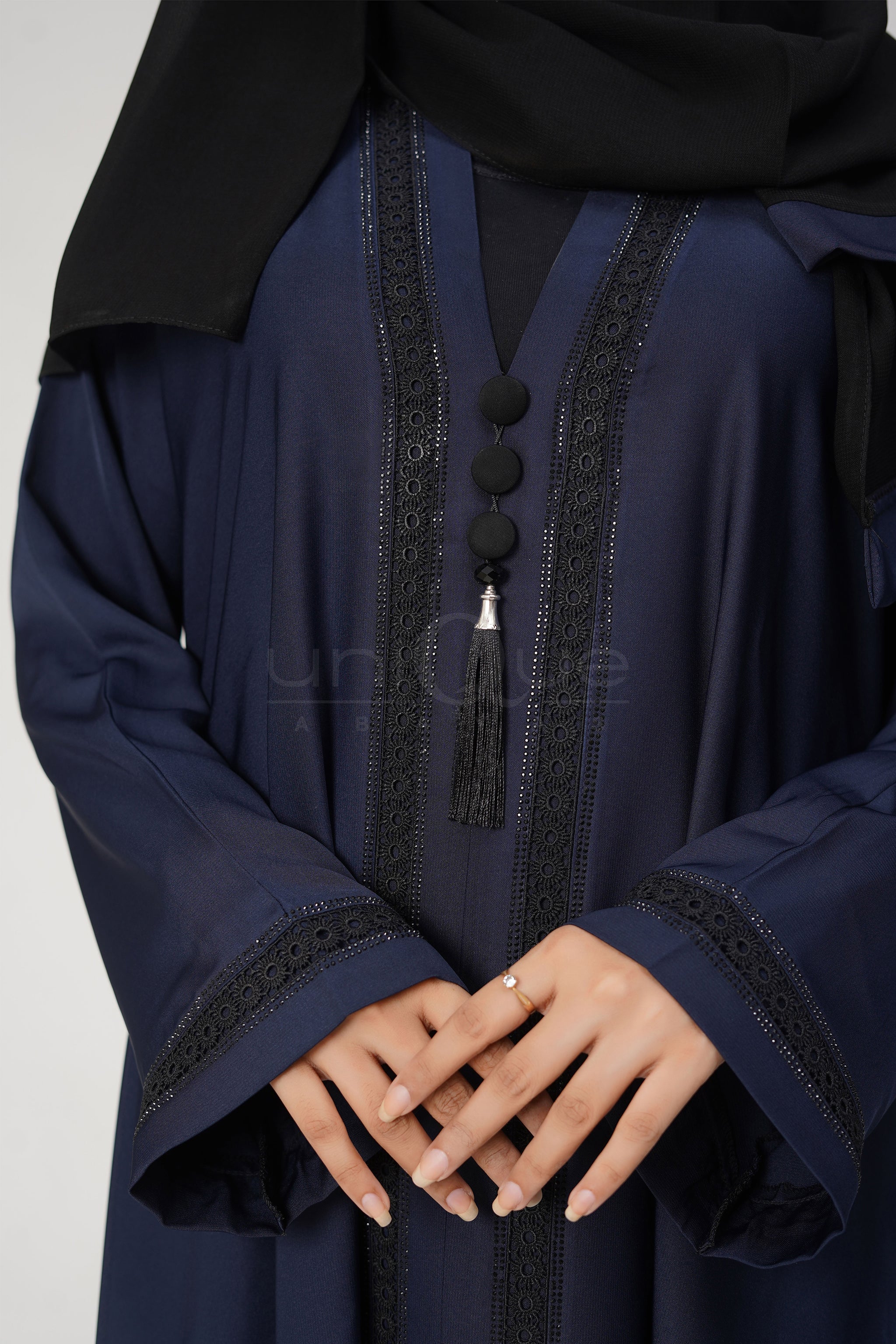 Lace Tassel Blue Abaya by Uniquewallart Abaya for Women, Full Length Detailed