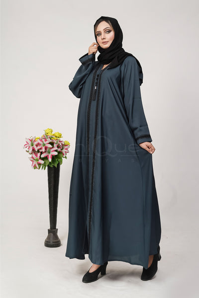 Lace Tassel Grey Abaya by Uniquewallart Abaya for Women, Front Side Detailed View