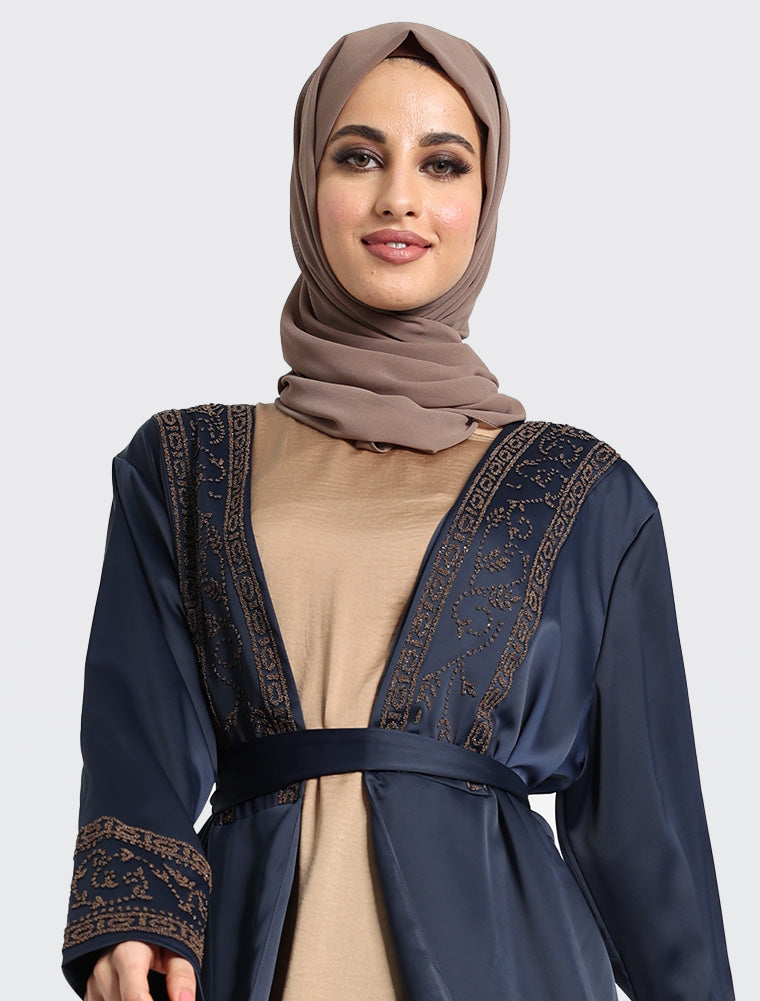 Navy Kimono Open Abaya Muslim Womens Clothing by Uniquewallart Abaya for Women, Front Side Close-Up