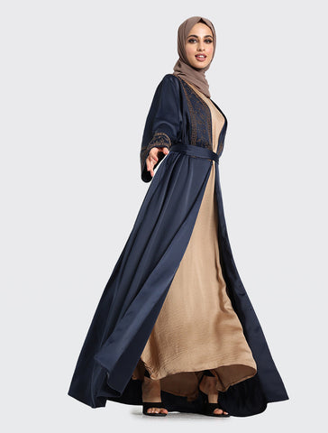 Navy Kimono Open Abaya Muslim Womens Clothing by Uniquewallart Abaya for Women, Front Side Detailed View