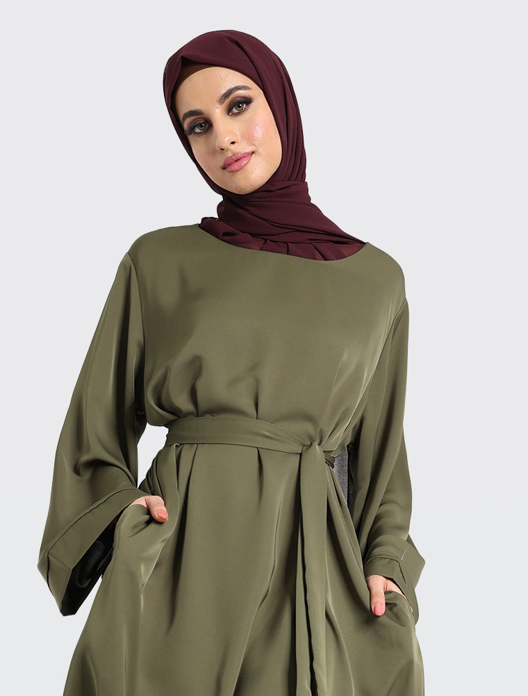 Olive Plain Abaya Uniquewallart Abaya for Women Front Close View
