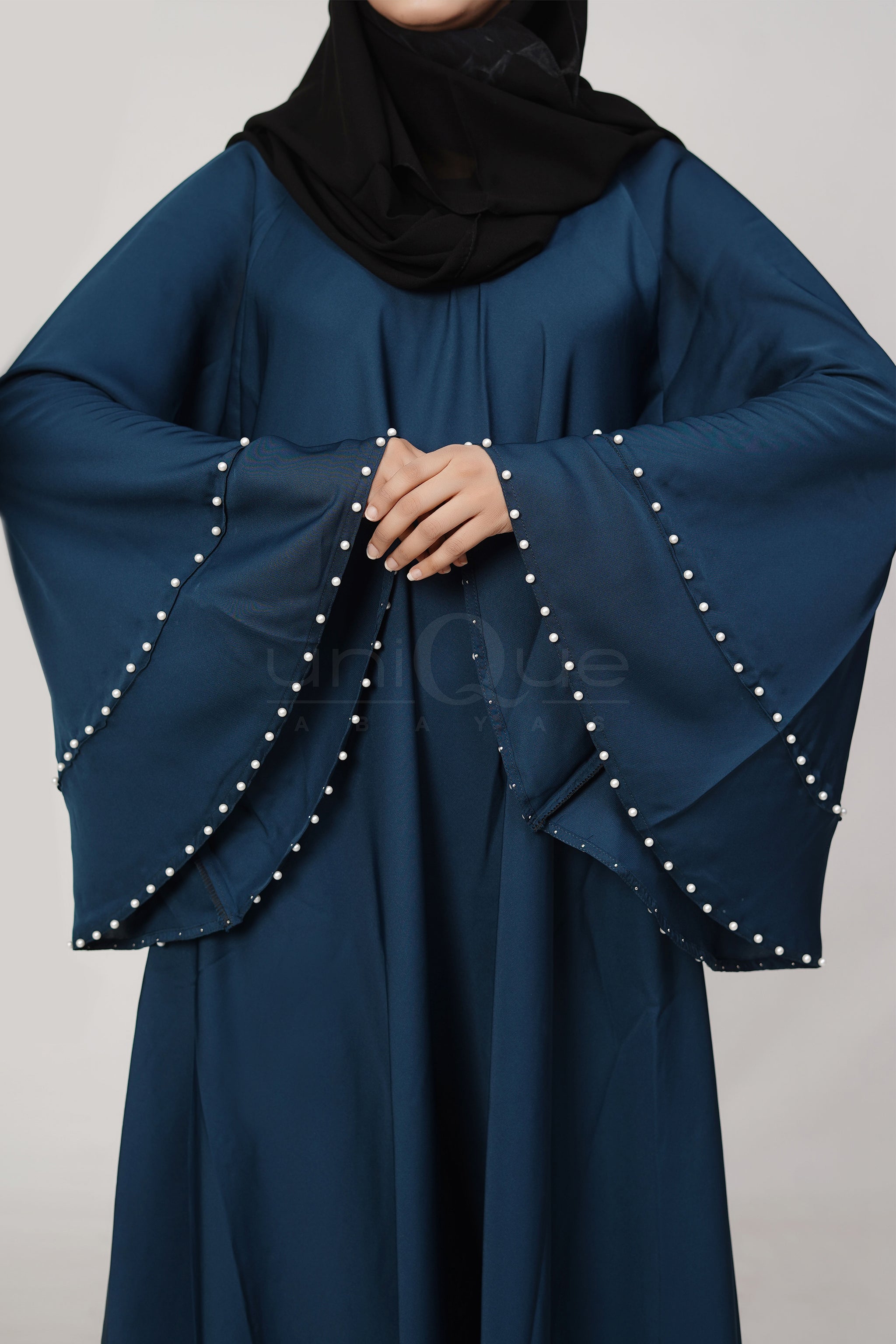 Pearl Umbrella Blue Abaya by Uniquewallart Abaya for Women, Front Side Close-Up Detailed