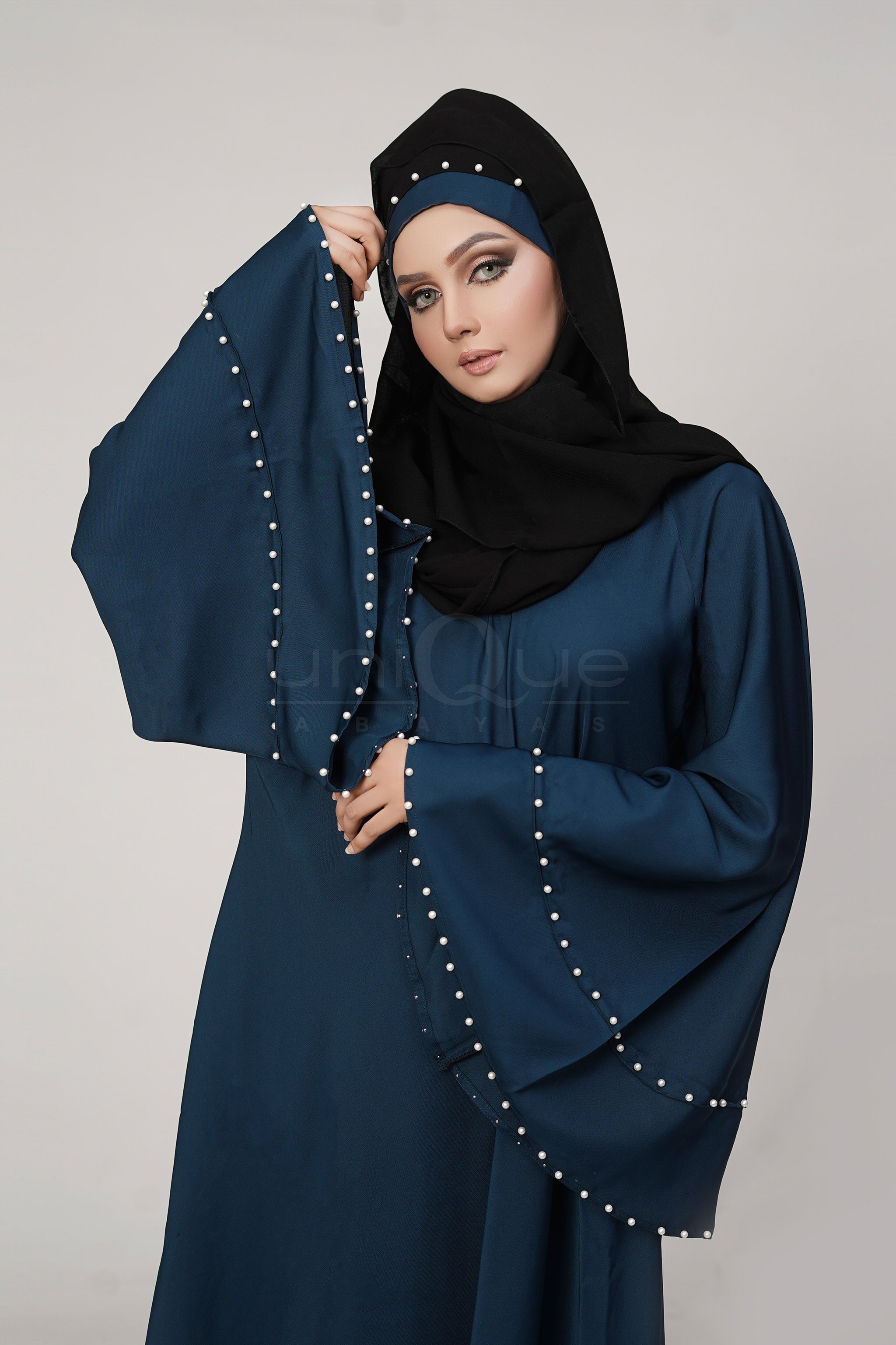 Pearl Umbrella Blue Abaya by Uniquewallart Abaya for Women, Front Side Close-Up