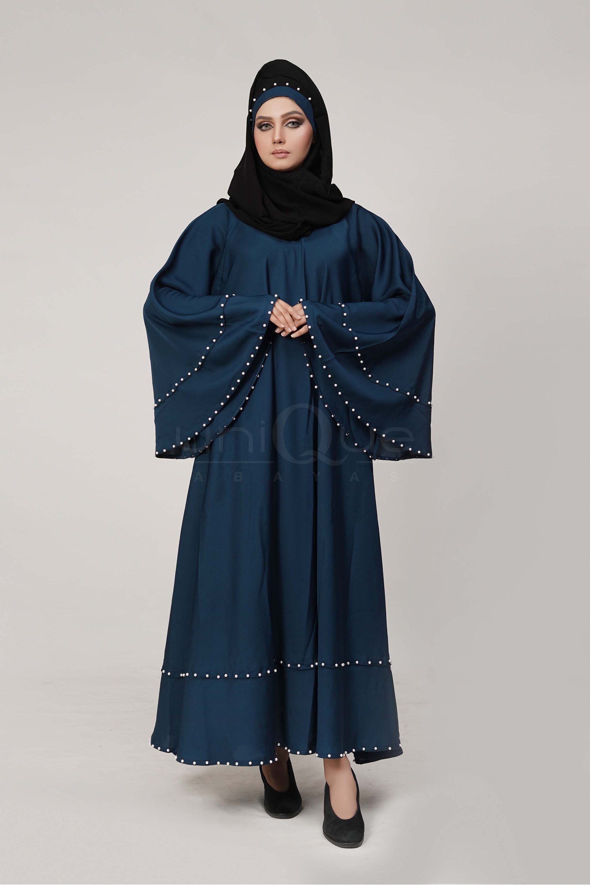 Pearl Umbrella Blue Abaya by Uniquewallart Abaya for Women, Front Side Detailed View