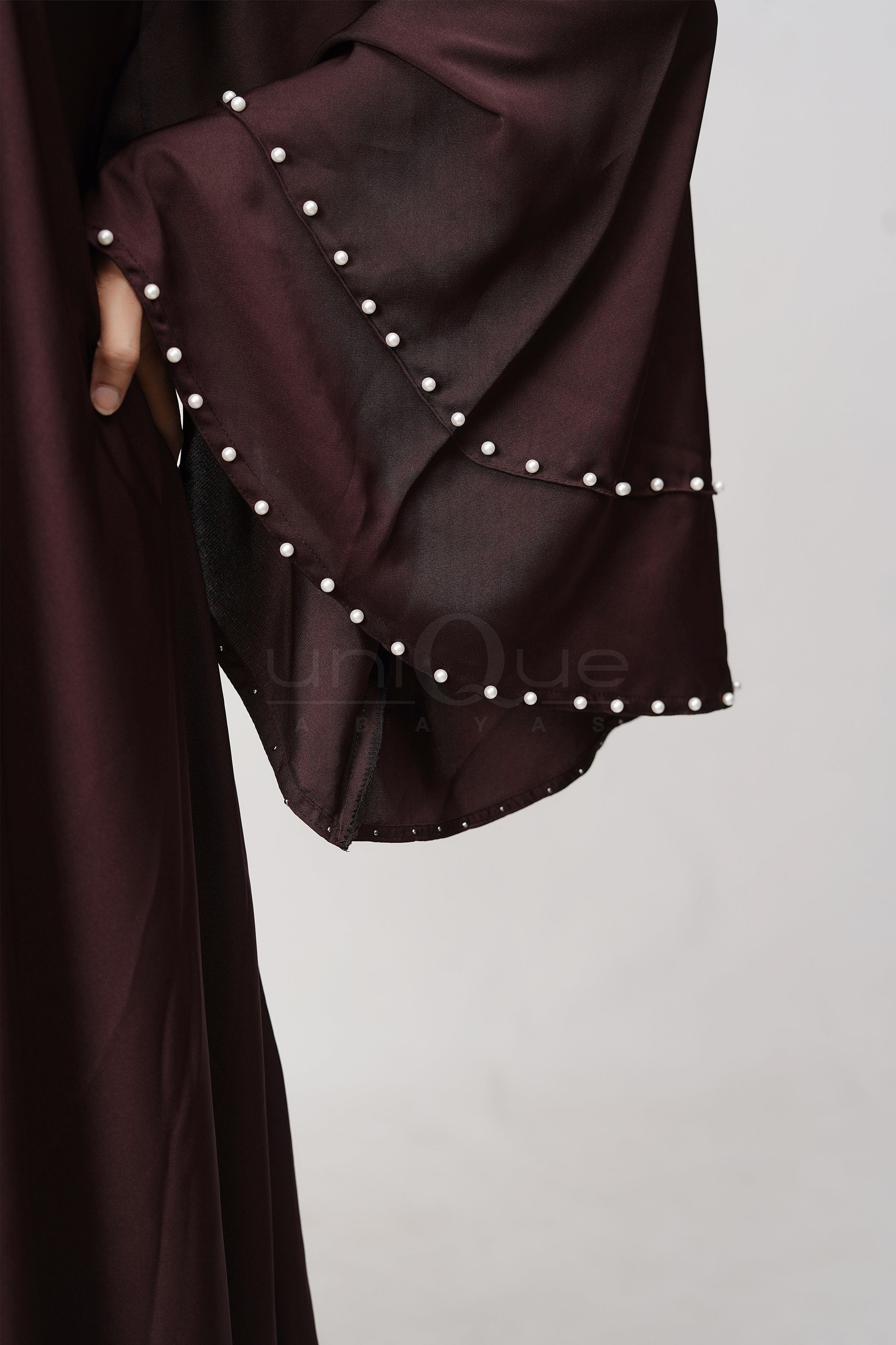 Pearl Umbrella Chocolate Abaya by Uniquewallart Abaya for Women, Front Side Close-Up Detailed