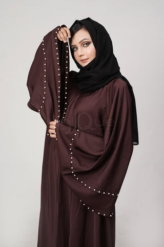 Pearl Umbrella Chocolate Abaya by Uniquewallart Abaya for Women, Front Side Close-Up