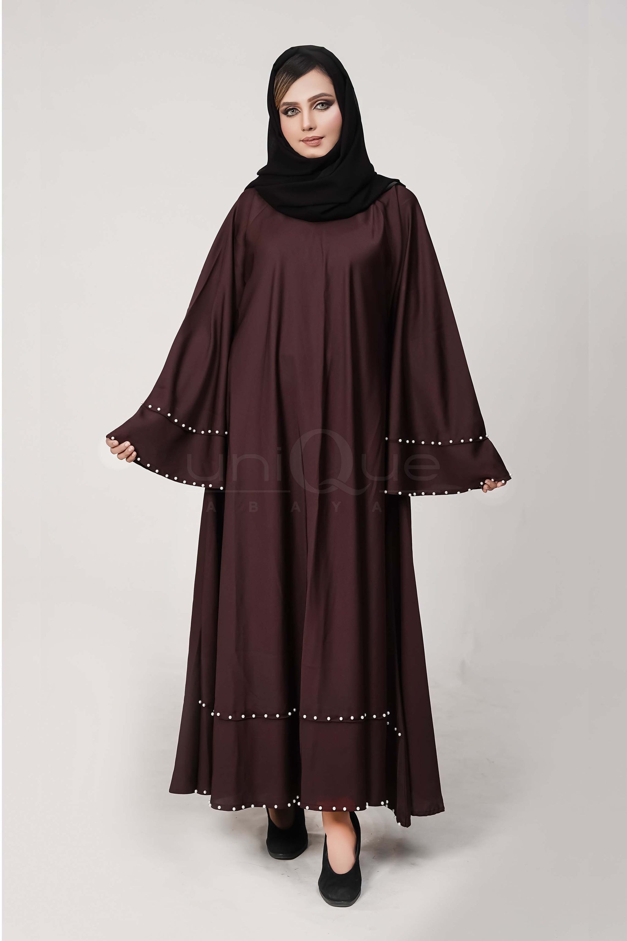 Pearl Umbrella Chocolate Abaya by Uniquewallart Abaya for Women, Front Side Detailed View